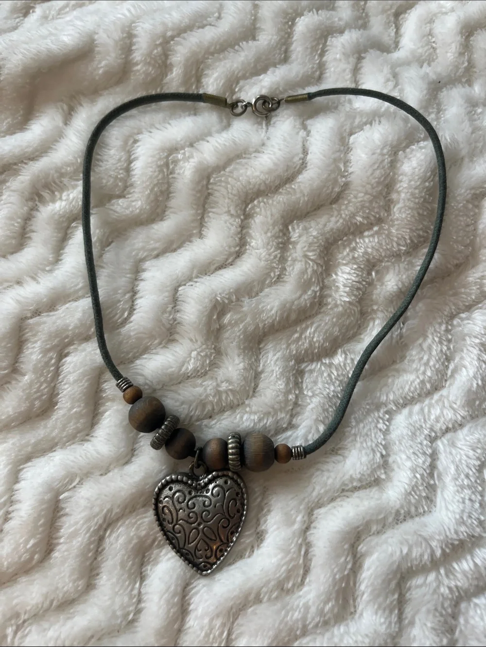 Vintage Heart Pendant Wood Bead Necklace